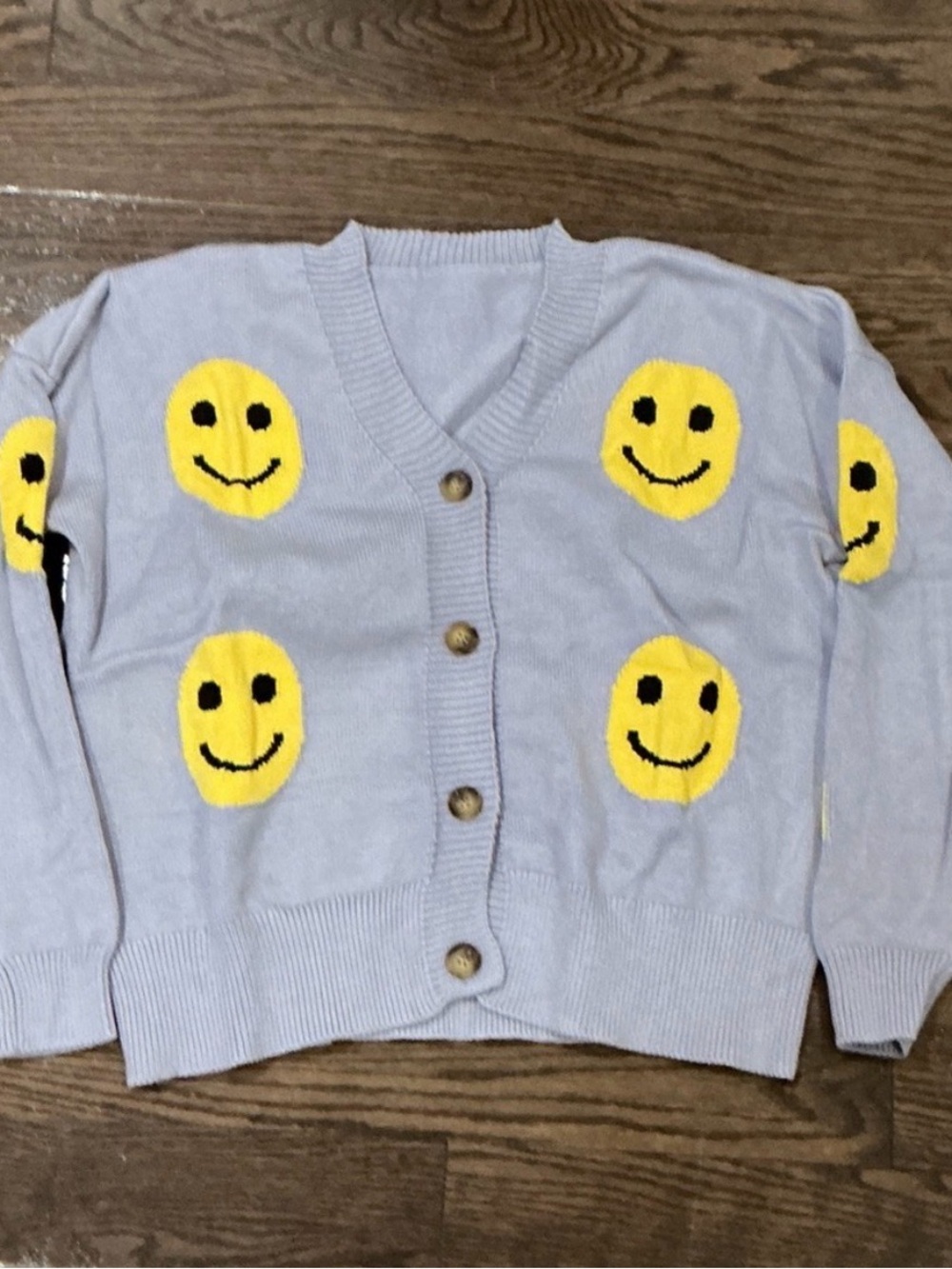 Smiley Face V-Neck Button-Up Sweater in Light Lavender